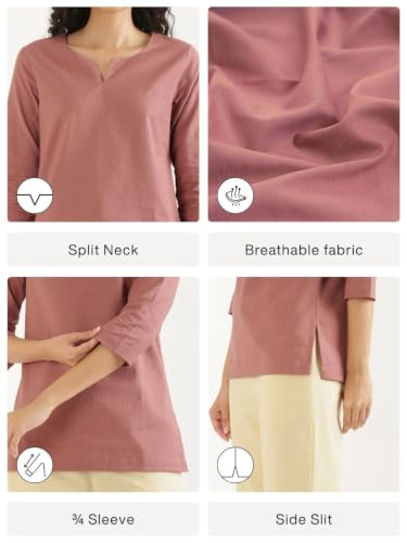 Image of SAADAA Airy Linen Split Neck Short Kurta for Women | Casual & Office Wear | 3 /4 Sleeves, Comfortable Fit | Elegant Top | Lightweight & Breathable Fabric |