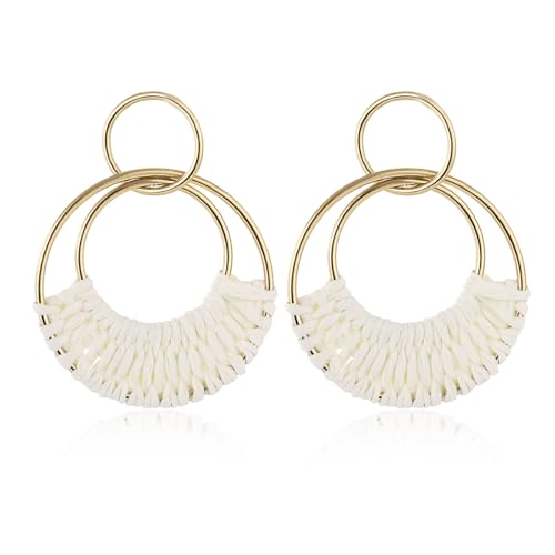Image of Handmade Raffia Hoop Earrings Statement Tropical Bohemian Straw Dangle Earrings Natural Rattan Vacation Style Round Earrings for Women Summer Beach Party Essential Jewelry
