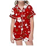 Conjunto de Pantalone Infantil Navideño con Diseño Estampado Detalles de Botones y Solapa Manga Corta y Pantalón Cómodo para Niñas (Red, 8-9 Years)