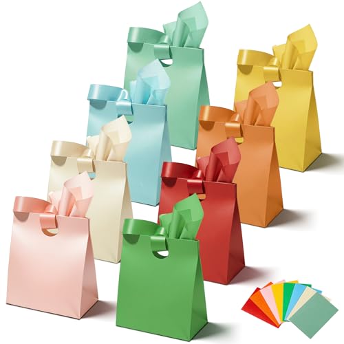 Paper Gift Bags with Ribbon Handles: 8 Pack Small Gift Bags 8 Assorted Colors Bulk with 16 Tissue Paper Reusable & Durable Holiday Gift Wrap Bags for Birthdays Christmas Wedding Party Favors (7.28x5.91x3.54 in Small Size)