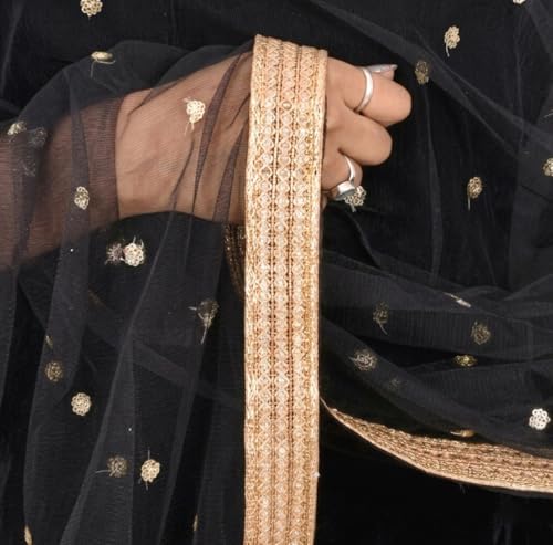 Image of YOUTHQUAKE Women's Net Embroidered Full Size Dupatta With 4 Side Golden Lace