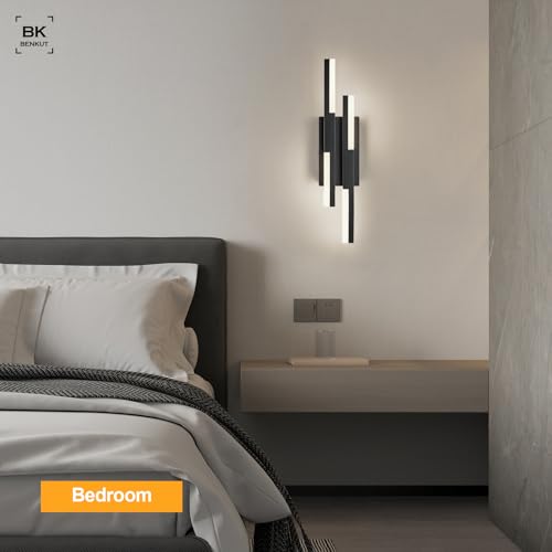 Image of Benkut Modern LED Wall Sconce Black Remote Wall Light Fixtures for Bathroom, Dimmable Vanity Light Indoor LED Remote Wall Sconce for Bedside Bedroom Living Dining Room (1 Pack 3000-6500K 19.7inch)