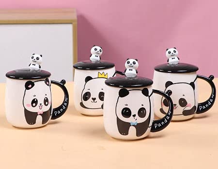 CLOVVA Cute 3 D Ceramic Panda Printed Coffee Mug with Concave Lid & Designing Stainless Steel Spoon Mug Gift for Parents,Friends,Kids, Brother,Sister Color White 450 ML (Multi Design) Set of (1) (1)