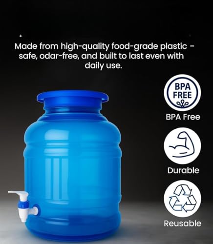 Image of Blue Plastic Water Jar and Dispenser with Tap. Heavy-Duty, Strong and Durable Jar for Home, Office and School. Suitable for use with 20LTR Water Bottle Placed Over its top. Easy to use and Clean. (2)