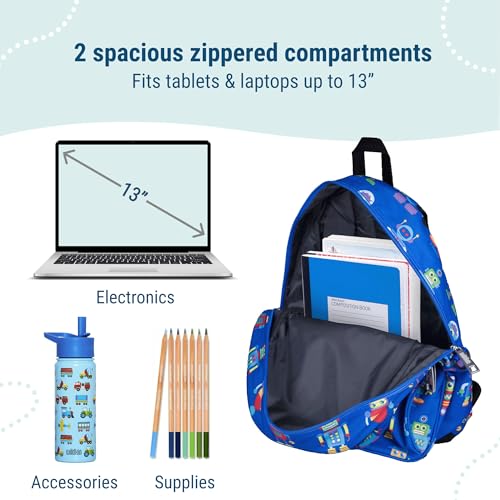 Image of Wildkin 15 Inch Backpack for Kids, Robots | Ages 5-10, padded straps, side water bottle pocket - coordinates with matching Wildkin lunch boxes and water bottles