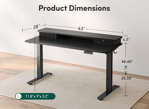 Image of FEZIBO 63 x 28 Inch Deeper Height Adjustable Electric Standing Desk with Double Drawers, Sit Stand Up, Home Office Computer Desk with 4 Height-Adjustable Feets & 2 Hooks, Black Frame /Black Top