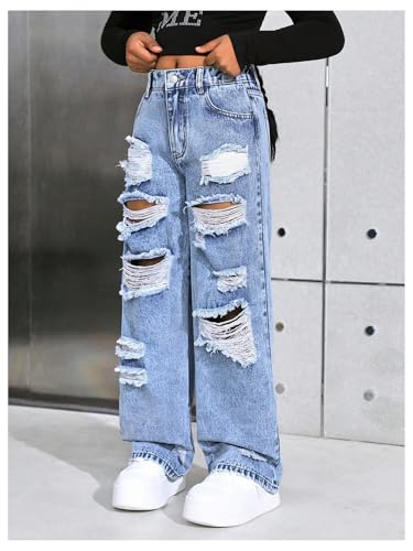SweatyRocks Girl's Ripped Jeans High Waisted Straight Leg Distressed Denim Pants with Pockets4