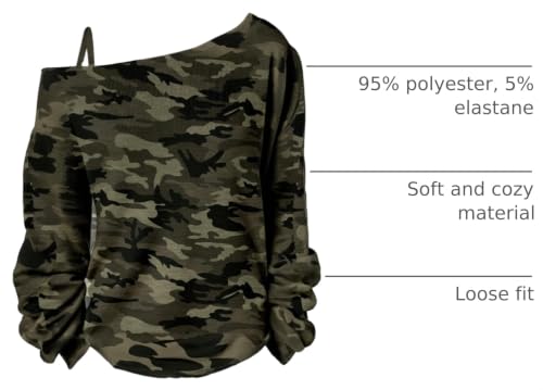 Image of RoseSeek Women's Cold Off Shoulder Denim Print T Shirt Long Sleeve Loose Graphic Tee Tops Camo Green Small