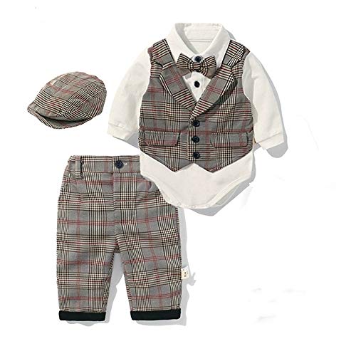 CHEN XIAOHUA Boys British Style Long-sleeved Jumpsuit Romper + Plaid Beret + Plaid Pants Set, Size:90cm(Khaki) Baby Clothes (Color : Khaki)