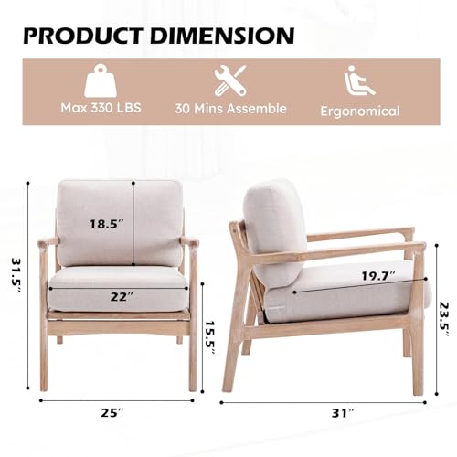 ANJ ANJHOME Mid Century Modern Accent Chair, Linen Upholstered Armchair Comfy Lounge Chair with Solid Wood Frame for Living Room (1, Beige) - Image 2