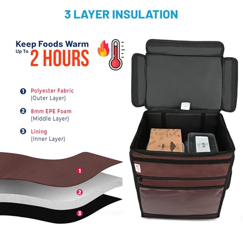 Image of Insulated Food Delivery Bag | Foldable Pizza & Multi-Meal Carrier | Thermal, Waterproof, Leak-Proof, Brown(14X10X18 Inch)