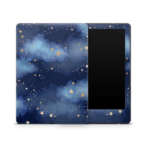 ZOOMHITSKINS Glitter Kindle Skin Compatible with Kindle Paperwhite Gen 11 (2021), Blue Sky Night Stars Clouds Golden Navy Dark, Easy Bubble-Free 3M Vinyl Decal, Made in The USA