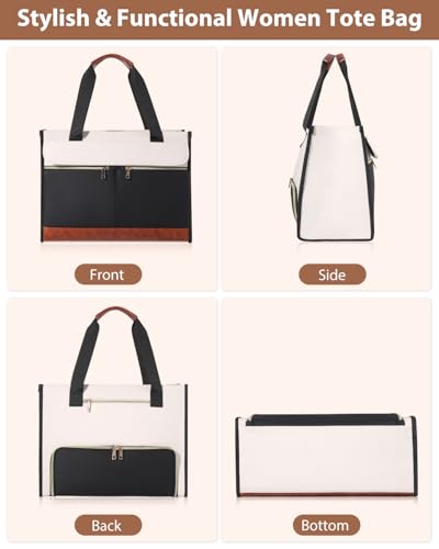 Bnlcd Lunch Tote Bag for Women - 15.6 Inch Laptop Work Bag with Insulated Lunch Compartment - Large Capacity Quilted Computer Handbag - Leakproof Lunch Box for Women Adults, White-black - image 9