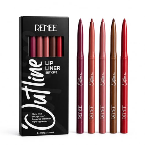Image of RENEE Outline Lip Liner - Combo of 5 with Built-in Sharpener l Long Lasting l Smudge Proof l Smooth Matte Finish l Rich Color Payoff l One Swipe Application l Ultimate Precision l Easy to Glide