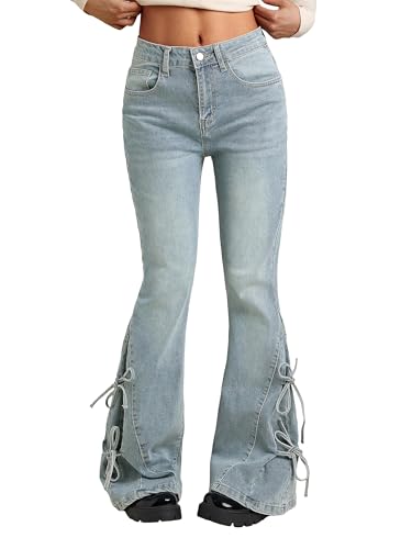 Women Bell Bottom Jeans Lace Up Bow Stretch Flare Denim Pants Cute Y2k Vintage Jeans Retro Blue