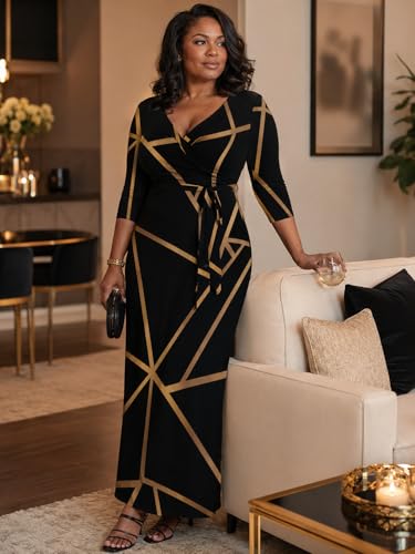 Image of PinkPatty Plus Size Maxi Dresses for Women Casual Flowy Long Dress 3 /4 Sleeve V Neck Wrap Dress with Belt