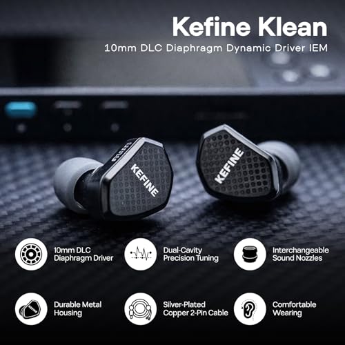 Image of Kefine Klean in-Ear Monitor, 10mm DLC Diaphgram Dynamic Driver IEM Earphones, HiFi Wired Gaming Earbuds with Dual Interchangeable Nozzles & Detachable 2-PIN Cable (with Mic Type-C, Black)