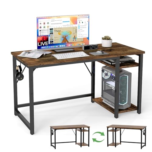 Airfish Mesa Escritorio, Escritorio Ordenador con Estanteria, Mesa de Juego, 120x50x75cm, con Estante Organizador, Gancho para Auriculares, para Oficina, Dormitorio, Sala de Estudio Marrón