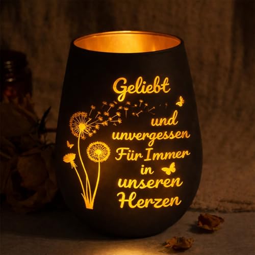 Trauerlicht Windlicht mit Gravur Geliebt und unvergessen Gedenkkerze Schwarz Gold für Beerdigung Beileidsgeschenk Trauergeschenk für Hinterbliebene Gedenklicht Trauerkerze Erinnerung
