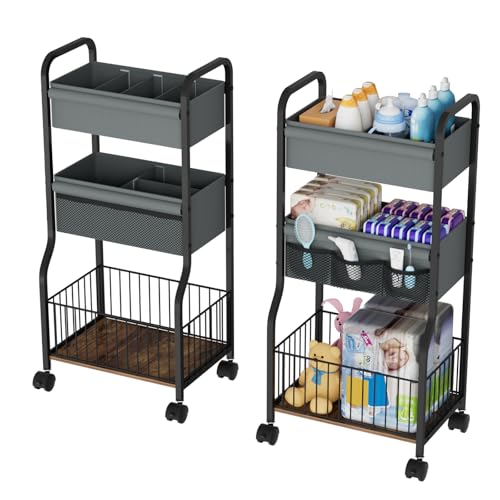 Image of NEYCIL 3-tier Baby Diaper Caddy Organizer and Storage Cart with 4+3 Dividers, Metal Utility Cart with Lockable Wheels for Nursery, Bedroom, Bathroom, Black