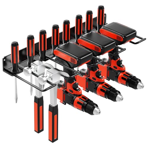 Werkzeugspeicher Wandhalterung Schlagbohrschrauber Werkzeugregal, Metall Schwere Garage Werkzeug Werkstatt Organizer mit seitlichem Schraubendreher-Gestell für Garage Werkstatt (Schwarz, Einreihe)