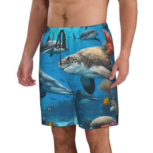 Men's Beach Shorts Swim TrunksFun Patterns Dolphins Sea Turtle Shark Print for Surfing Running Summer Vacation2