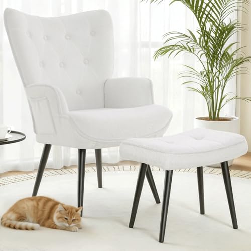 Clevich Sillón Orejero con Reposapiés, Blanco Poltrona Sala Teddy Suave – Butaca de Salón para Lectura, Sillon Dormitorio, hasta 168 kg