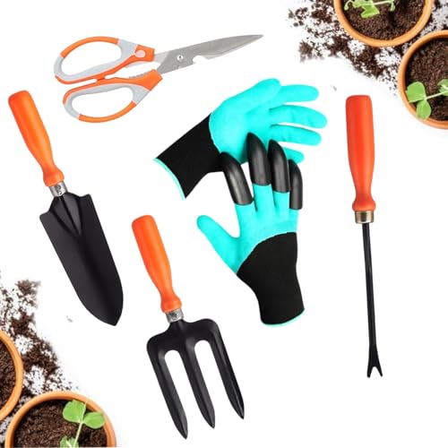 Image of Go Hooked 5 Pcs Gardening Tools Kit Fork, Transplanter, Weeder, Graden Scissor, Graden Gloves Heavy Duty with Soft Grip Handles Garden Tools Set for Indoor Outdoor Plants, Balcony, Home Garden Use
