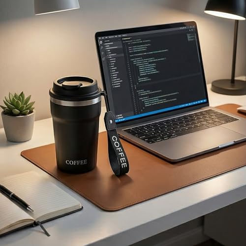 Image of Travel Coffee Tumbler with Lanyard - Insulated Stainless Steel Mug, Leak-Proof, Keeps Hot 6H & Cold 8H - Black, 400 ML