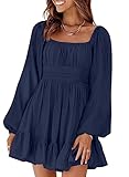 Dokotoo Women's Square Neck Off The Shoulder Dresses Tie Back Long Lantern Sleeve Ruffle A-Line Mini Dress Shirred Elastic Waist Casual Dresses Small Dark Blue