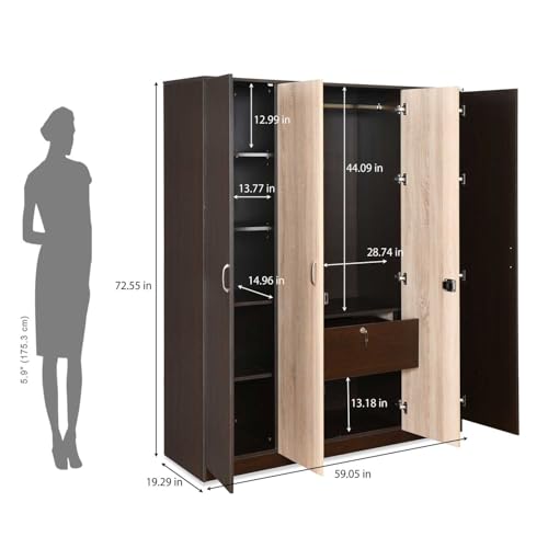 Image of Nilkamal Willy 4 Door Wooden Wardrobe Without Mirror for Bedroom | Almirah with 12 Shelves, 1 Hanging Rod, 1 Lockable Drawer | Clothes Cupboard | Engineered Wood | Wenge & Sonoma Oak