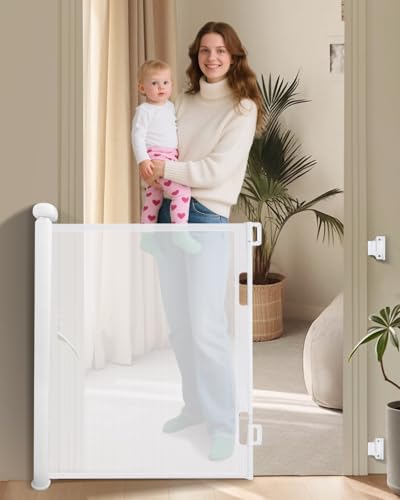 Barrière Sécurité Rétractable Bébé 0-150 cm, Barriere de Sécurité a Enrouleur pour Enfants et Animaux, Montage Rapide, Verrouillage Sécurisé, Idéale pour Escaliers, Portes et Couloirs, Blanc