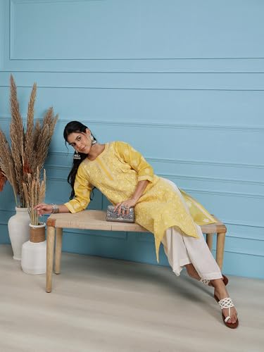 Image of Ada Women's Cotton Straight Fit Straight Hand Embroidered Lucknowi Chikankari Kurta Kurti A411165