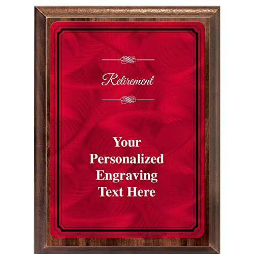 Crown Awards 7"x9" Color Metal Plate Retirement Plaque, Personalized Retirement Wood Finish Plaque Award with Your Text Red Plate Prime