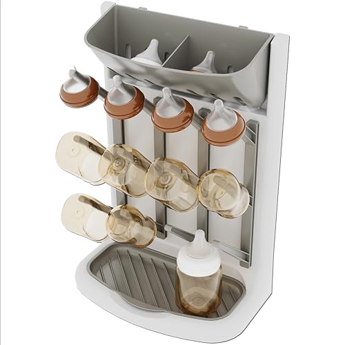 Image of IEEK Baby Bottle Drying Rack,Space Saving Countertop Drying Rack for Baby Accessory & Pump Parts,Suction Cup Wall Mounted Bottle Rack Holder Large Vertical Drying Tower,Grey and White