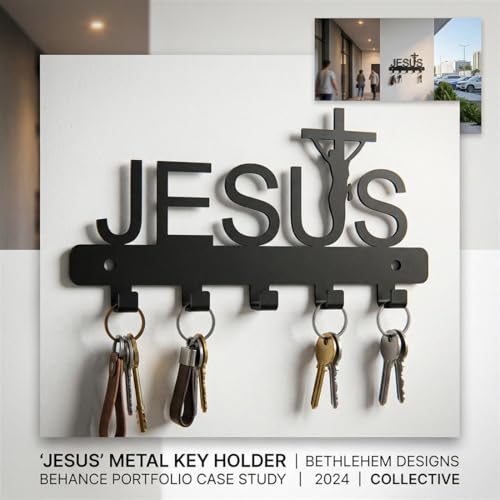 Image of Ventuos Metal Wall Mounted Key Holder with 6 Hooks, Jesus Design, Key Organizer for Home Office Bedroom Entryway