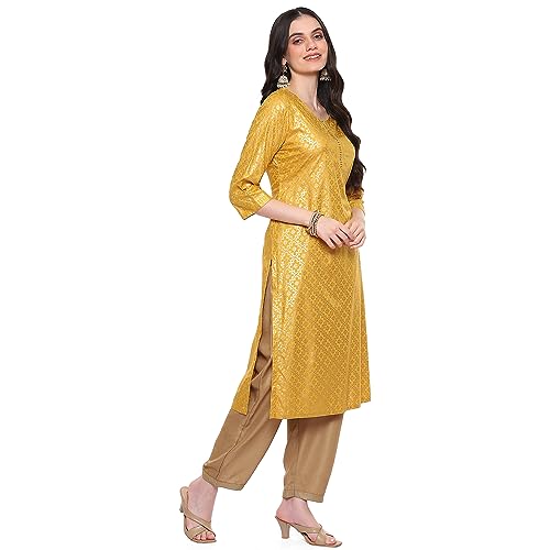 Image of Rangriti Yellow Liva Straight Printed Top for Women