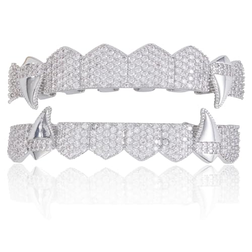 Grillz street Hip Hop personality Gold Shiny Copper gold-plated teeth Grillz Vampire fangs Grills Daily wear Halloween and Party Unisex - Comes With Tweezer & Dental Wax (8001Silver)