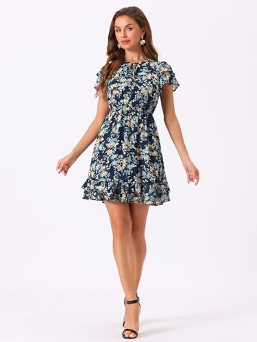 Image of Allegra K Women's Ruffle Sleeve Self-Tie V Neck Flowy Ruffled A-Line Floral Chiffon Dress