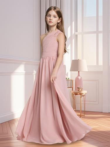 TAISHAN Junior Bridesmaid Dresses for Teen Girls - One Shoulder Girls Formal Dress, A-line Chiffon Flower Girl Dress4