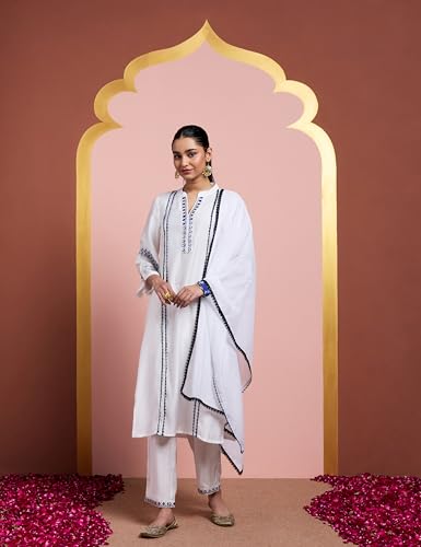 Image of Amazon Brand - Myx Women's Embroidered Kurta Pant Set with Organza Dupatta | Salwar Suit (Available in Plus Sizes)
