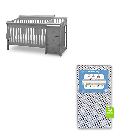 Delta Children Princeton Junction Convertible Crib N Changer, Grey + Simmons Kids Radiant Sky Dual Sided Baby Crib Mattress and Toddler Mattress (Bundle)