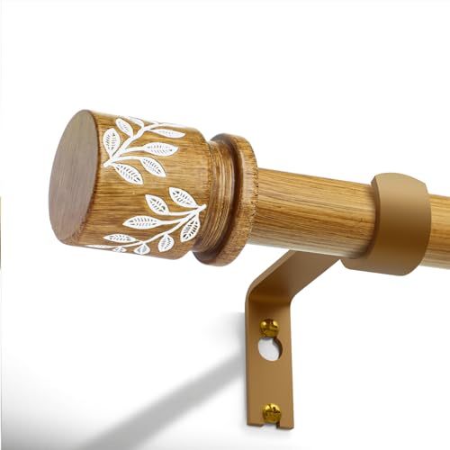 QDWIS Natural Wood Curtain Rods for Windows 28 to 48 inch Boho Decorative Handmade Wood Grain Drapery Rods with Leaf Finial 1 Adjustable Heavy Duty Curtain rod for Living Room Bedroom Kitchen