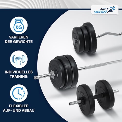 ArtSport 3-in-1 halterset met 2 korte halters, 1 lange halter & 1 SZ-curlstang - 12 gewichten met 60 kg en stersluitingen - halterset voor krachttraining - Afbeelding 6