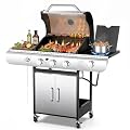 COWSAR 3 Burner Gas Grill, 34,000 BTU Stainless Steel BBQ Grill with Side Burner, Porcelain-Enameled Cast Iron Grates, Pull-Out Grease Tray for Patio, Backyard & Outdoor Cooking