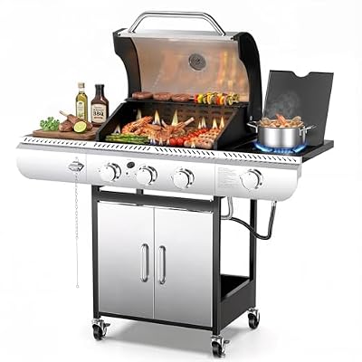 COWSAR 3 Burner Gas Grill, 34,000 BTU Stainless Steel BBQ Grill with Side Burner, Porcelain-Enameled Cast Iron Grates, Pull-Out Grease Tray for Patio, Backyard & Outdoor Cooking