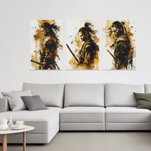 Image of CCWACPP 3 Piece Samurai Wall Art Japan Painting Canvas Print Warrior Figure Pictures Bushido Posters Japanese Culture Theme Artwork Home Room Decor Framed (B, (16 inchx24 inchx3))