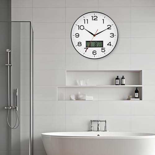 Image of AKCISOT Wall Clock 12 Inch, Non-Ticking Silent Battery Operated Analog with LCD Display for Perpetual Calendar and Temperature, Ideal Modern Decor for Home, Bedroom, Kitchen, Office (Black)