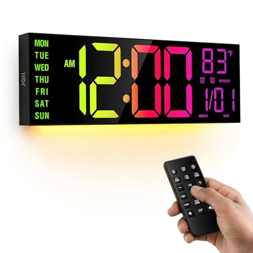 JALL 15.98 inch Large Digital Wall Clock, RGB Lights with Remote Control, Dual Alarms with Big LED Display, Auto DST, C° / F° Temperature for Classroom, Birthday Gift, Senior