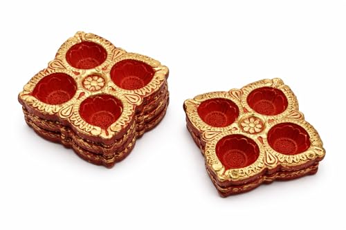 GAU VANSH Handmade Decorative Clay Diya Set, Pack of 4 – Multi-Wick Terracotta Oil Lamps with Hand-Painted Finish – Traditional Style Home Décor & Gifting
